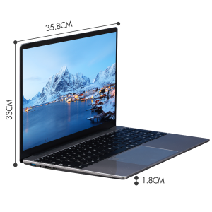 Side view of NXTCORE Pro laptop with a 15.6-inch screen displaying a scenic landscape